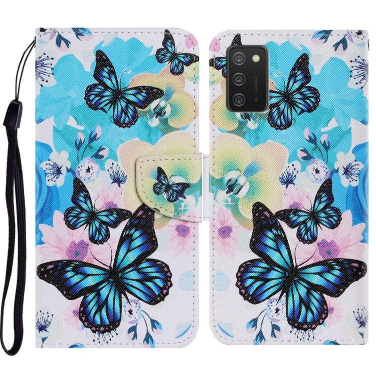 For Samsung Galaxy A02s Coloured Drawing Pattern Horizontal Flip PU Leather Case with Holder & Card Slots & Wallet & Lanyard(Purple Butterfly) by buy2fix