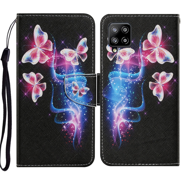 For Samsung Galaxy A12 Coloured Drawing Pattern Horizontal Flip PU Leather Case with Holder & Card Slots & Wallet & Lanyard(Three Fluorescent Butterflies) by buy2fix