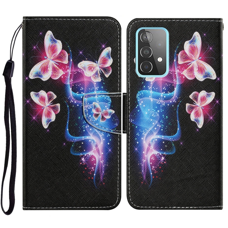For Samsung Galaxy A52 5G / 4G Coloured Drawing Pattern Horizontal Flip PU Leather Case with Holder & Card Slots & Wallet & Lanyard(Three Fluorescent Butterflies) by buy2fix