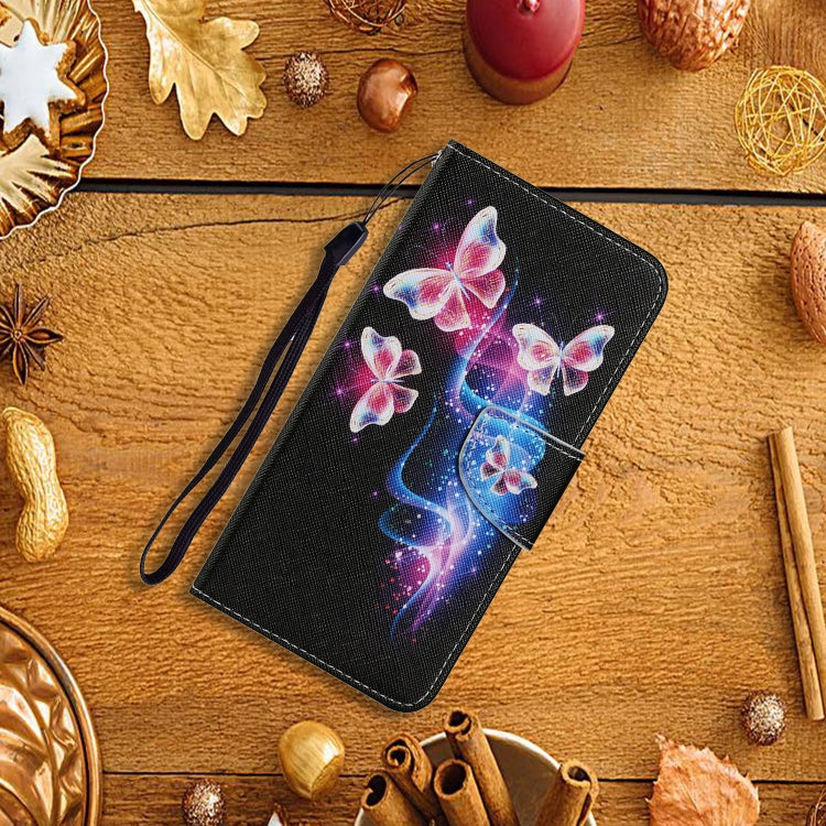 For Samsung Galaxy A52 5G / 4G Coloured Drawing Pattern Horizontal Flip PU Leather Case with Holder & Card Slots & Wallet & Lanyard(Three Fluorescent Butterflies) by buy2fix