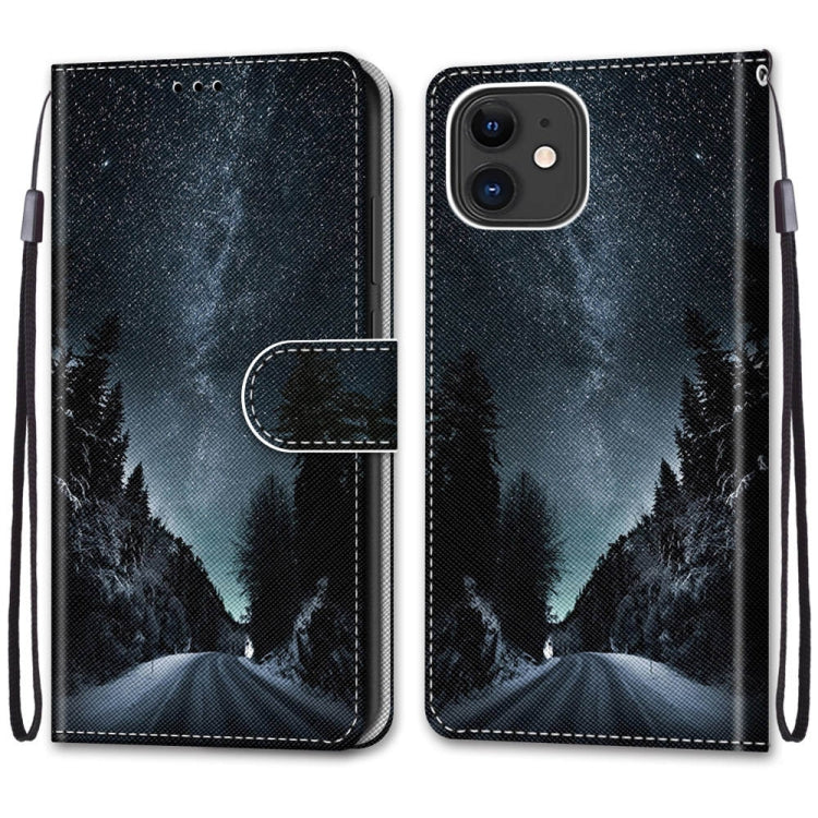 For iPhone 12 mini Coloured Drawing Cross Texture Horizontal Flip Leather Case with Holder & Card Slots & Wallet & Lanyard(Mountain Road Starry Sky) - iPhone 12 mini Cases by buy2fix | Online Shopping UK | buy2fix