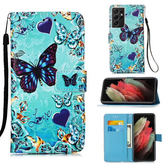 For Samsung Galaxy S21 Ultra 5G Colored Drawing Pattern Plain Weave Horizontal Flip Leather Case with Holder & Card Slot & Wallet & Lanyard(Caring Butterfly) - Galaxy S21 Ultra 5G Cases by buy2fix | Online Shopping UK | buy2fix