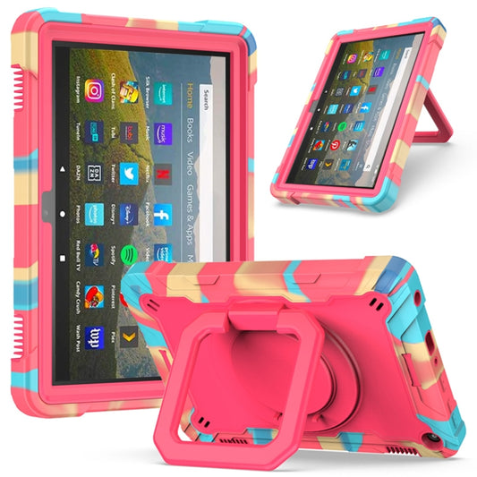 For Amazon Kindle Fire HD 8 (2020) Contrast Color Shockproof Robot Silicone + PC Case with Wristband Holder(Camouflage + Rose Red) - Amazon by buy2fix | Online Shopping UK | buy2fix