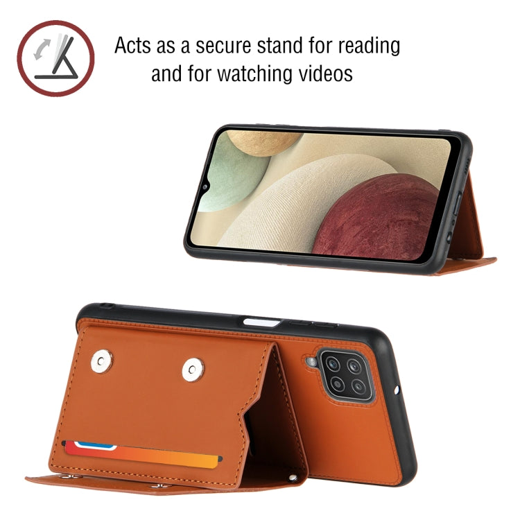 For Samsung Galaxy A12 Skin Feel PU + TPU + PC Back Cover Shockproof Case with Card Slots & Holder & Photo Frame(Brown) by buy2fix