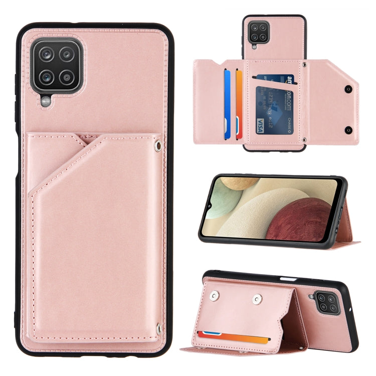 For Samsung Galaxy A12 Skin Feel PU + TPU + PC Back Cover Shockproof Case with Card Slots & Holder & Photo Frame(Rose Gold) by buy2fix