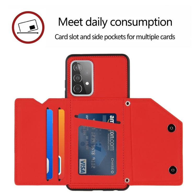 For Samsung Galaxy A52 5G / 4G Skin Feel PU + TPU + PC Back Cover Shockproof Case with Card Slots & Holder & Photo Frame(Red) by buy2fix