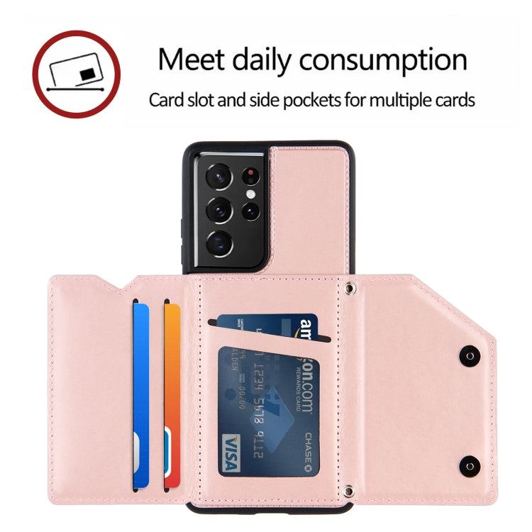 For Samsung Galaxy S21 Ultra 5G Skin Feel PU + TPU + PC Back Cover Shockproof Case with Card Slots & Holder & Photo Frame(Rose Gold) - Galaxy S21 Ultra 5G Cases by buy2fix | Online Shopping UK | buy2fix