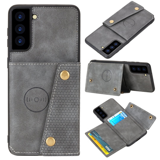 For Samsung Galaxy S21+ 5G Double Buckle PU + TPU Shockproof Magnetic Protective Case with Card Slot & Holder(Grey)
