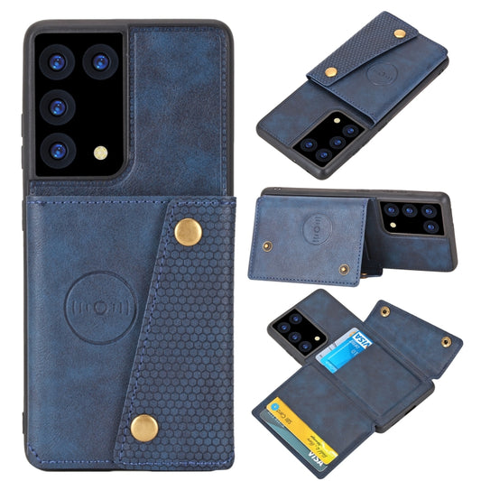For Samsung Galaxy S21 Ultra 5G Double Buckle PU + TPU Shockproof Magnetic Protective Case with Card Slot & Holder(Blue) - Galaxy S21 Ultra 5G Cases by buy2fix | Online Shopping UK | buy2fix