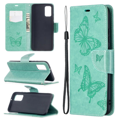 For Samsung Galaxy A02s (EU Version) Embossing Two Butterflies Pattern Horizontal Flip PU Leather Case with Holder & Card Slot & Wallet & Lanyard(Green) by buy2fix