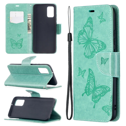 For Samsung Galaxy A02s (EU Version) Embossing Two Butterflies Pattern Horizontal Flip PU Leather Case with Holder & Card Slot & Wallet & Lanyard(Green) by buy2fix