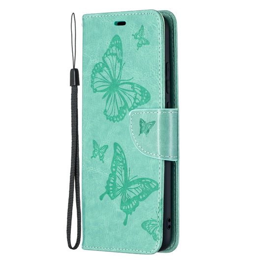 For Samsung Galaxy A02s (EU Version) Embossing Two Butterflies Pattern Horizontal Flip PU Leather Case with Holder & Card Slot & Wallet & Lanyard(Green) by buy2fix