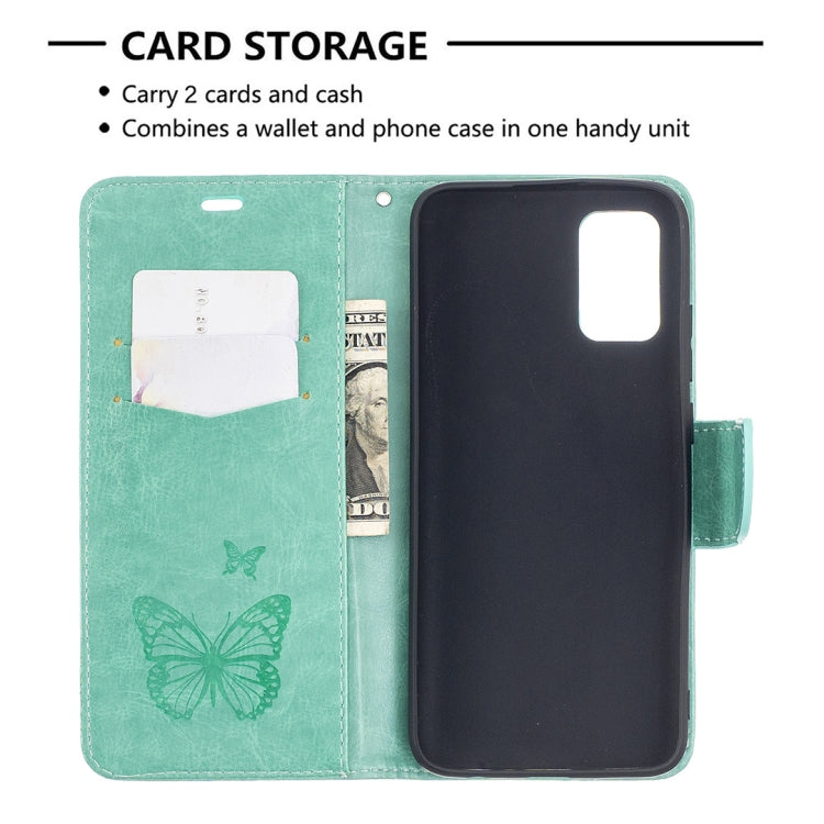 For Samsung Galaxy A02s (EU Version) Embossing Two Butterflies Pattern Horizontal Flip PU Leather Case with Holder & Card Slot & Wallet & Lanyard(Green) by buy2fix