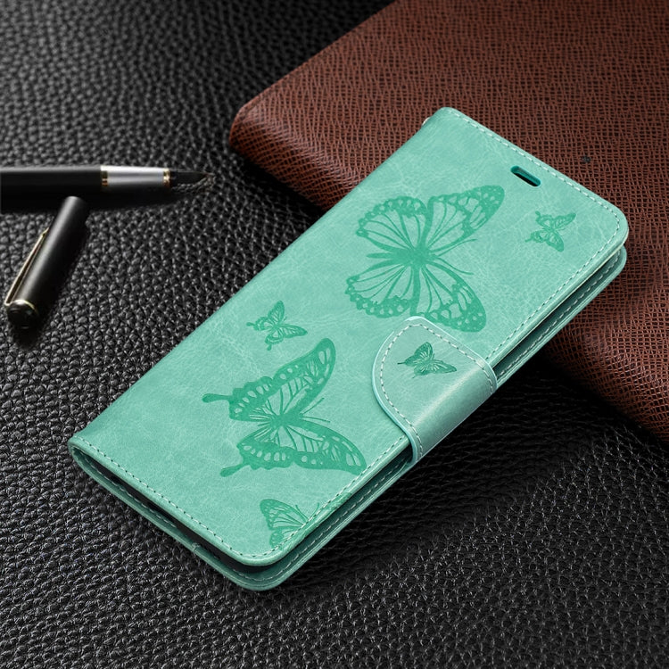 For Samsung Galaxy A02s (EU Version) Embossing Two Butterflies Pattern Horizontal Flip PU Leather Case with Holder & Card Slot & Wallet & Lanyard(Green) by buy2fix