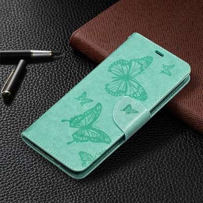 For Samsung Galaxy A02s (EU Version) Embossing Two Butterflies Pattern Horizontal Flip PU Leather Case with Holder & Card Slot & Wallet & Lanyard(Green) by buy2fix