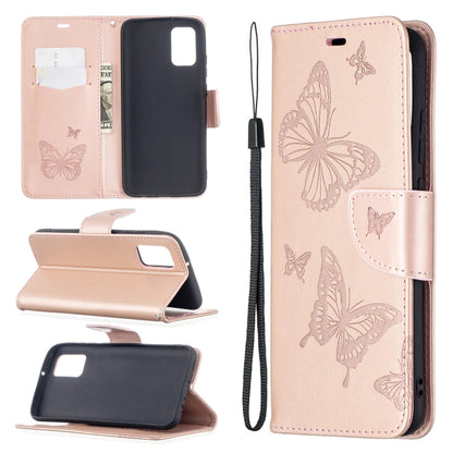 For Samsung Galaxy A02s (EU Version) Embossing Two Butterflies Pattern Horizontal Flip PU Leather Case with Holder & Card Slot & Wallet & Lanyard(Rose Gold) by buy2fix