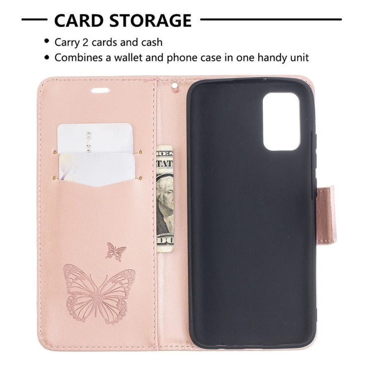 For Samsung Galaxy A02s (EU Version) Embossing Two Butterflies Pattern Horizontal Flip PU Leather Case with Holder & Card Slot & Wallet & Lanyard(Rose Gold) by buy2fix
