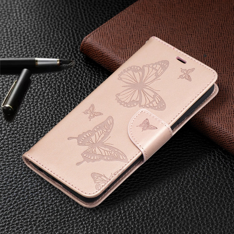 For Samsung Galaxy A02s (EU Version) Embossing Two Butterflies Pattern Horizontal Flip PU Leather Case with Holder & Card Slot & Wallet & Lanyard(Rose Gold) by buy2fix