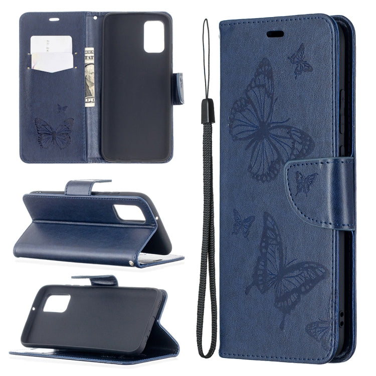 For Samsung Galaxy A02s (EU Version) Embossing Two Butterflies Pattern Horizontal Flip PU Leather Case with Holder & Card Slot & Wallet & Lanyard(Blue) by buy2fix