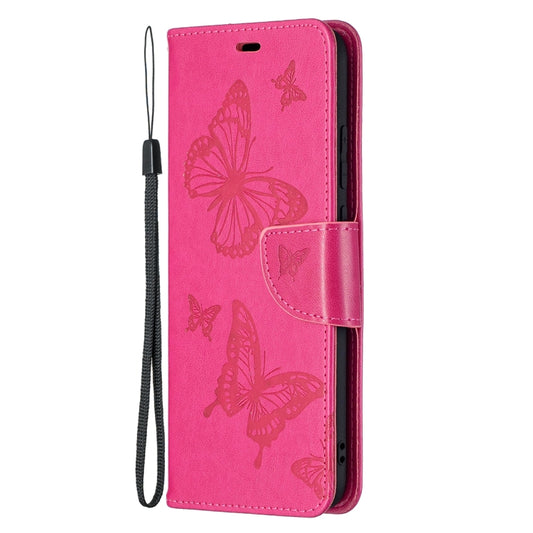 For Samsung Galaxy A02s (EU Version) Embossing Two Butterflies Pattern Horizontal Flip PU Leather Case with Holder & Card Slot & Wallet & Lanyard(Rose Red) by buy2fix