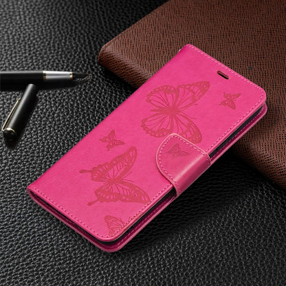 For Samsung Galaxy A02s (EU Version) Embossing Two Butterflies Pattern Horizontal Flip PU Leather Case with Holder & Card Slot & Wallet & Lanyard(Rose Red) by buy2fix