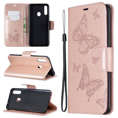 For Galaxy A20s Two Butterflies Embossing Pattern Horizontal Flip Leather Case with Holder & Card Slot & Wallet & Lanyard(Gold) by buy2fix