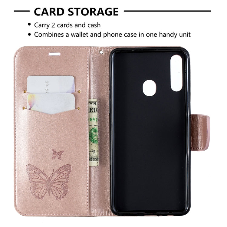 For Galaxy A20s Two Butterflies Embossing Pattern Horizontal Flip Leather Case with Holder & Card Slot & Wallet & Lanyard(Gold) by buy2fix