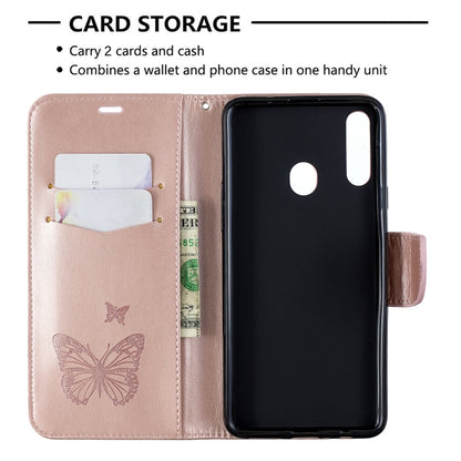 For Galaxy A20s Two Butterflies Embossing Pattern Horizontal Flip Leather Case with Holder & Card Slot & Wallet & Lanyard(Gold) by buy2fix