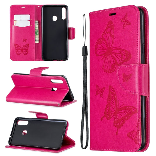For Galaxy A20s Two Butterflies Embossing Pattern Horizontal Flip Leather Case with Holder & Card Slot & Wallet & Lanyard(Rose Red) by buy2fix