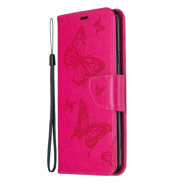 For Galaxy A20s Two Butterflies Embossing Pattern Horizontal Flip Leather Case with Holder & Card Slot & Wallet & Lanyard(Rose Red) by buy2fix