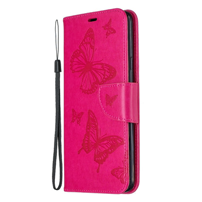 For Galaxy A20s Two Butterflies Embossing Pattern Horizontal Flip Leather Case with Holder & Card Slot & Wallet & Lanyard(Rose Red) by buy2fix