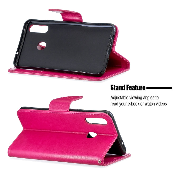 For Galaxy A20s Two Butterflies Embossing Pattern Horizontal Flip Leather Case with Holder & Card Slot & Wallet & Lanyard(Rose Red) by buy2fix