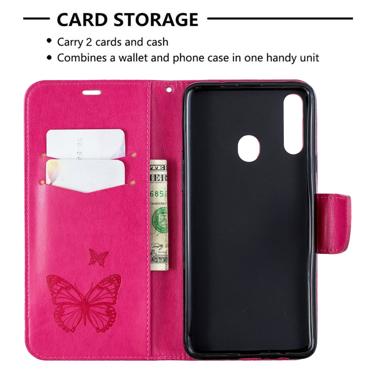 For Galaxy A20s Two Butterflies Embossing Pattern Horizontal Flip Leather Case with Holder & Card Slot & Wallet & Lanyard(Rose Red) by buy2fix