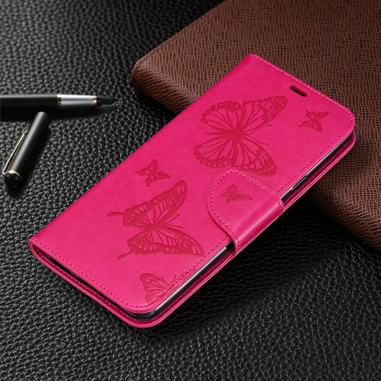 For Galaxy A20s Two Butterflies Embossing Pattern Horizontal Flip Leather Case with Holder & Card Slot & Wallet & Lanyard(Rose Red) by buy2fix