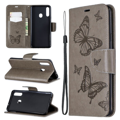 For Galaxy A20s Two Butterflies Embossing Pattern Horizontal Flip Leather Case with Holder & Card Slot & Wallet & Lanyard(Grey) by buy2fix