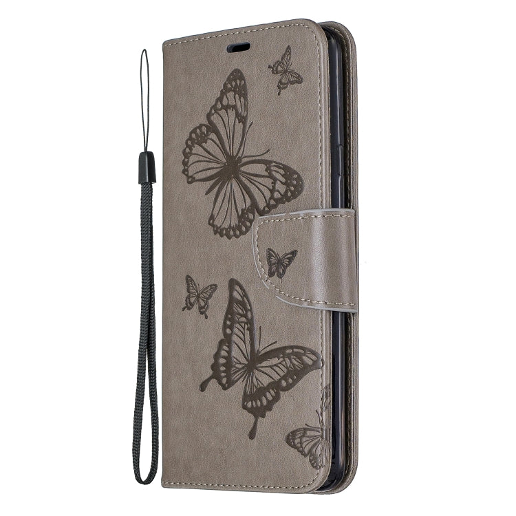 For Galaxy A20s Two Butterflies Embossing Pattern Horizontal Flip Leather Case with Holder & Card Slot & Wallet & Lanyard(Grey) by buy2fix