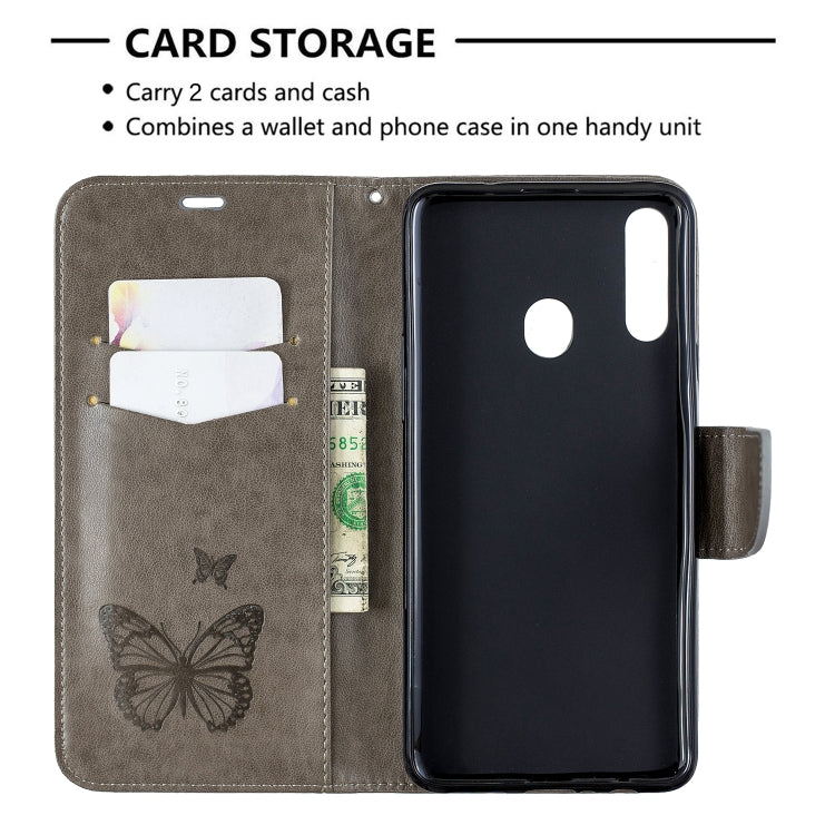 For Galaxy A20s Two Butterflies Embossing Pattern Horizontal Flip Leather Case with Holder & Card Slot & Wallet & Lanyard(Grey) by buy2fix