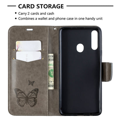 For Galaxy A20s Two Butterflies Embossing Pattern Horizontal Flip Leather Case with Holder & Card Slot & Wallet & Lanyard(Grey) by buy2fix