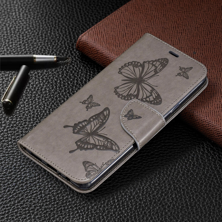 For Galaxy A20s Two Butterflies Embossing Pattern Horizontal Flip Leather Case with Holder & Card Slot & Wallet & Lanyard(Grey) by buy2fix