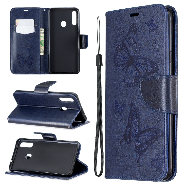 For Galaxy A20s Two Butterflies Embossing Pattern Horizontal Flip Leather Case with Holder & Card Slot & Wallet & Lanyard(Dark Blue) by buy2fix