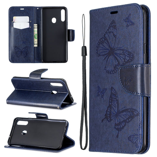 For Galaxy A20s Two Butterflies Embossing Pattern Horizontal Flip Leather Case with Holder & Card Slot & Wallet & Lanyard(Dark Blue) by buy2fix
