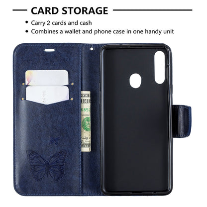 For Galaxy A20s Two Butterflies Embossing Pattern Horizontal Flip Leather Case with Holder & Card Slot & Wallet & Lanyard(Dark Blue) by buy2fix