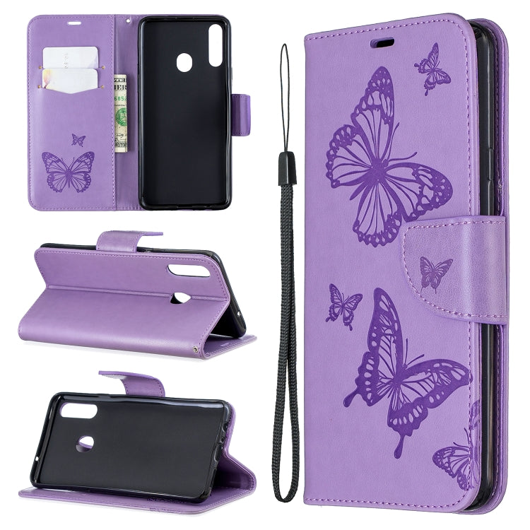 For Galaxy A20s Two Butterflies Embossing Pattern Horizontal Flip Leather Case with Holder & Card Slot & Wallet & Lanyard(Purple) by buy2fix