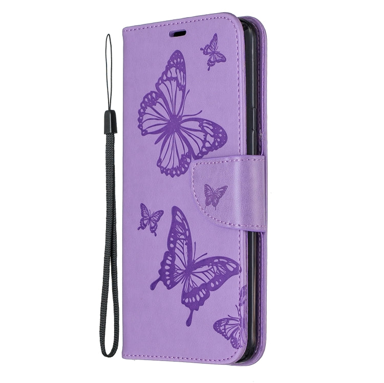 For Galaxy A20s Two Butterflies Embossing Pattern Horizontal Flip Leather Case with Holder & Card Slot & Wallet & Lanyard(Purple) by buy2fix