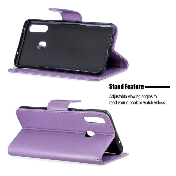 For Galaxy A20s Two Butterflies Embossing Pattern Horizontal Flip Leather Case with Holder & Card Slot & Wallet & Lanyard(Purple) by buy2fix