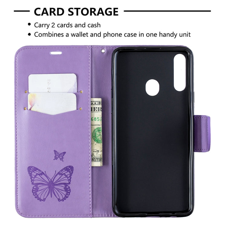 For Galaxy A20s Two Butterflies Embossing Pattern Horizontal Flip Leather Case with Holder & Card Slot & Wallet & Lanyard(Purple) by buy2fix