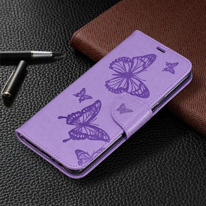 For Galaxy A20s Two Butterflies Embossing Pattern Horizontal Flip Leather Case with Holder & Card Slot & Wallet & Lanyard(Purple) by buy2fix