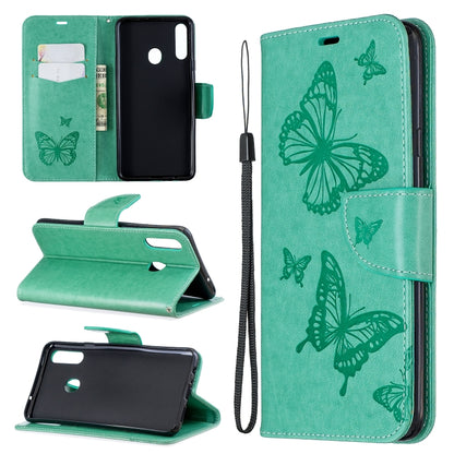 For Galaxy A20s Two Butterflies Embossing Pattern Horizontal Flip Leather Case with Holder & Card Slot & Wallet & Lanyard(Green) by buy2fix