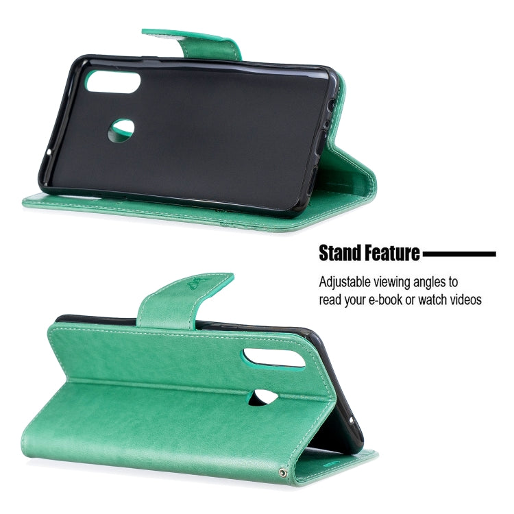 For Galaxy A20s Two Butterflies Embossing Pattern Horizontal Flip Leather Case with Holder & Card Slot & Wallet & Lanyard(Green) by buy2fix