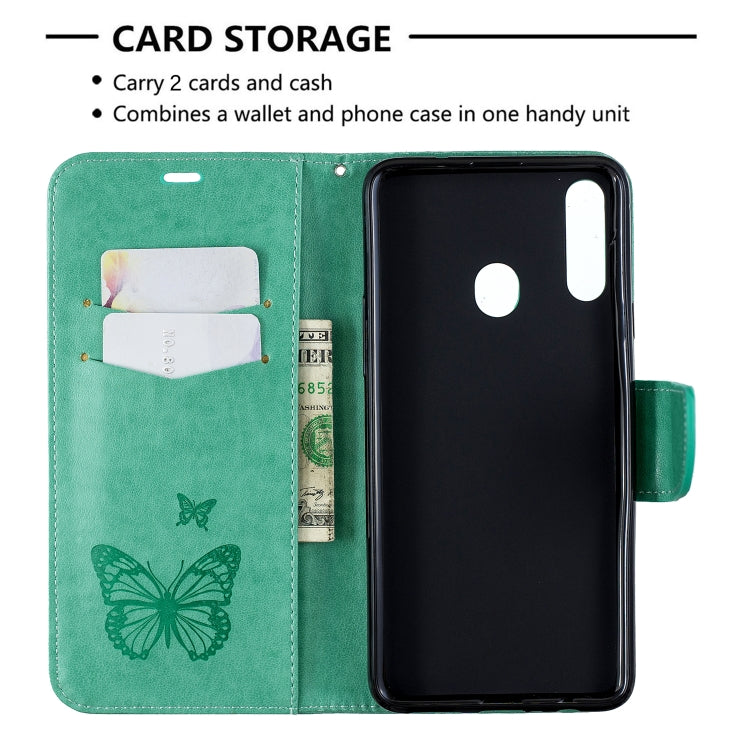 For Galaxy A20s Two Butterflies Embossing Pattern Horizontal Flip Leather Case with Holder & Card Slot & Wallet & Lanyard(Green) by buy2fix